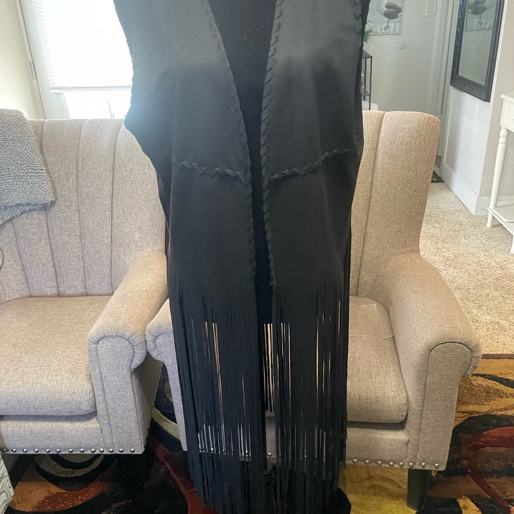 Black faux suede fringed duster
